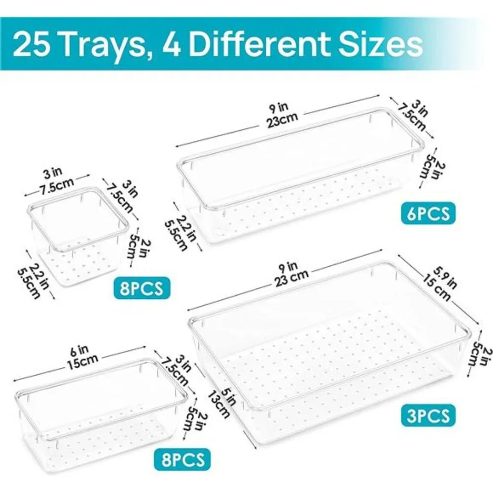 25 PCS Clear Plastic Drawer Organizers Set, 4-Size Versatile Bathroom and Vanity